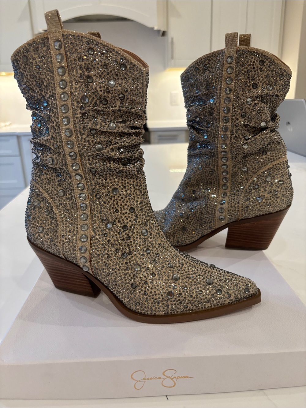 Jessica Simpson Champagne Crystal Western Ankle Boots - Picture 2 of 9